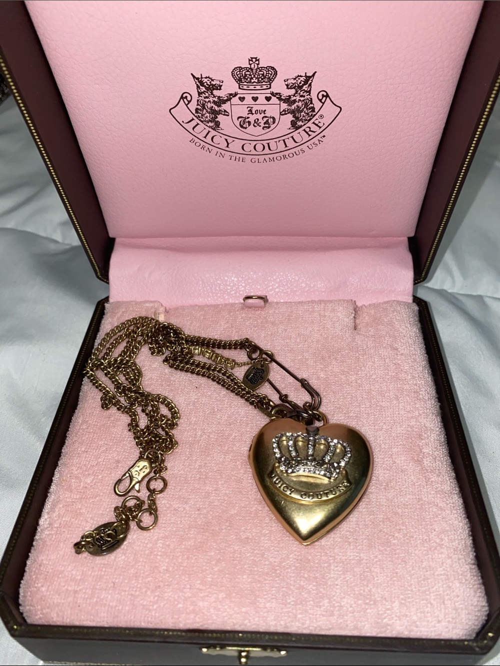 Vintage Juicy Couture Gold Heart Necklace with Crown and Crystal Accents